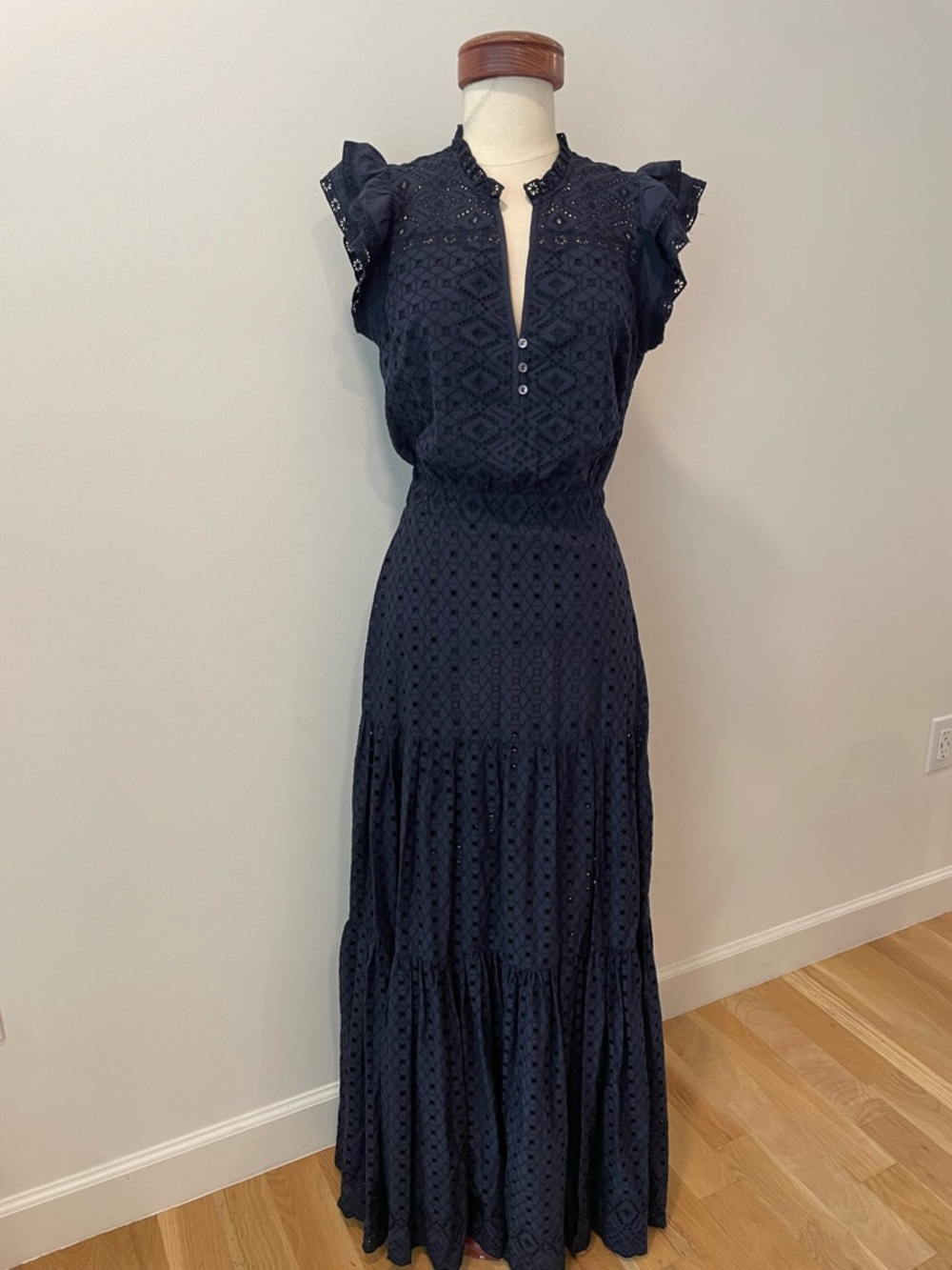 Veronica Beard Navy Eyelet Tiered Maxi Dress